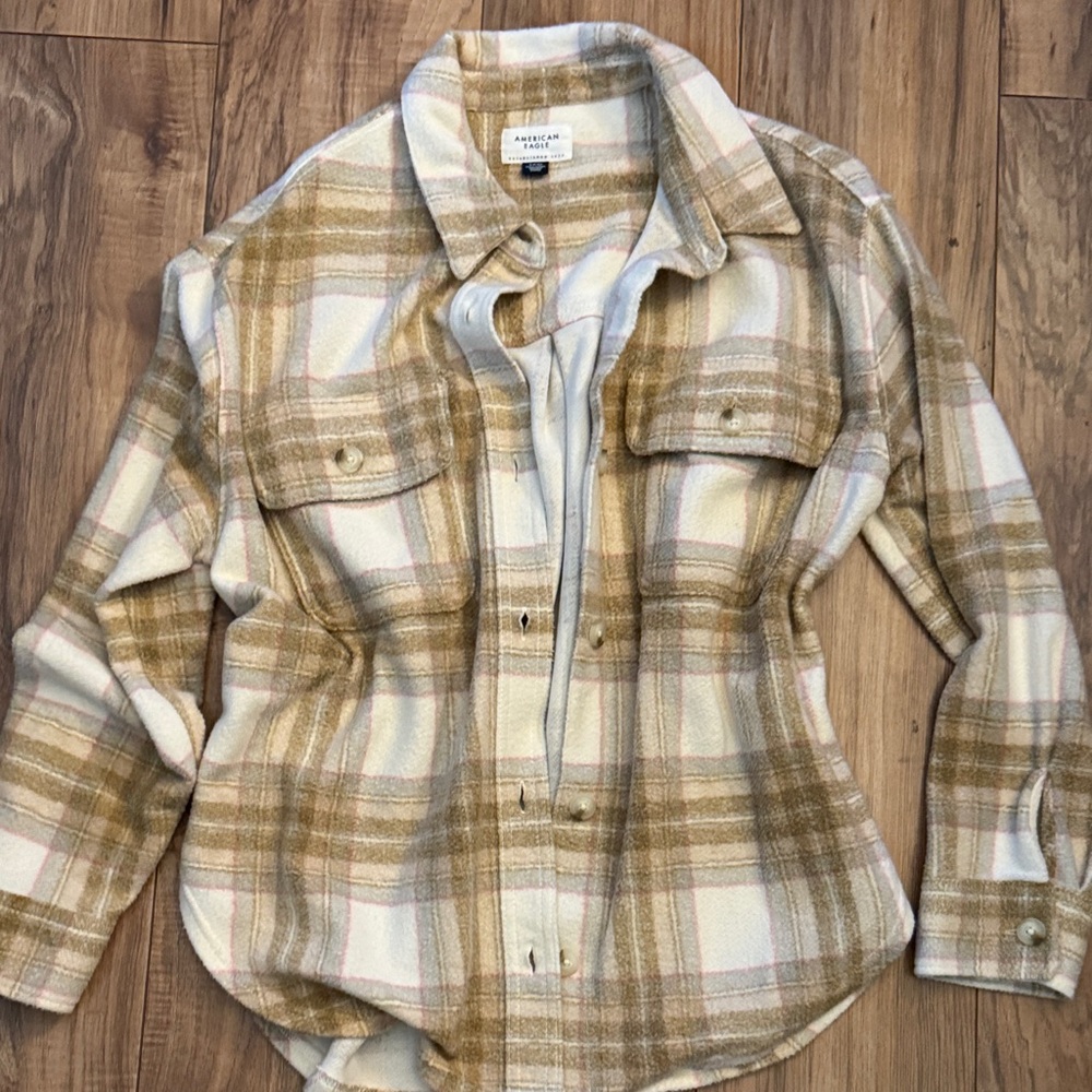 American Eagle‎ Outfitters Cream & Tan Plaid Utility Shacket size S